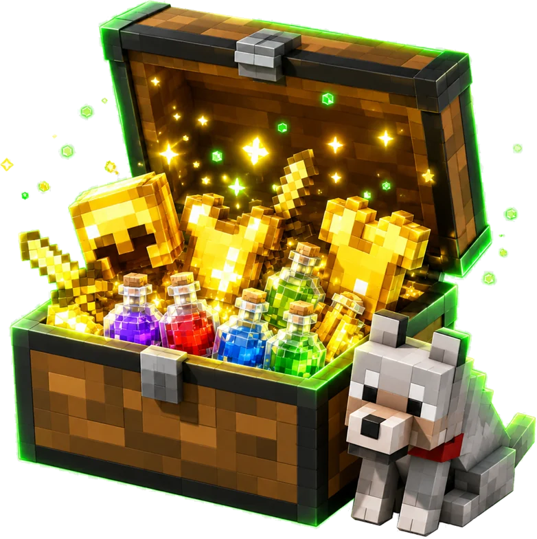 A chest overflowing with golden gear, potions and a pet wolf