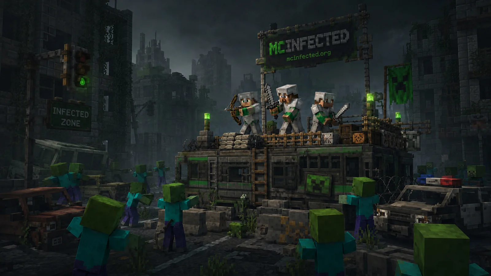 Survivors holding the roof of an armoured bus as zombies surround it