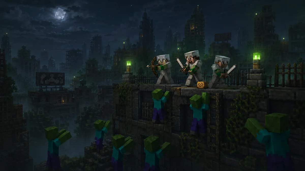 Survivors on a wall above a ruined city at night